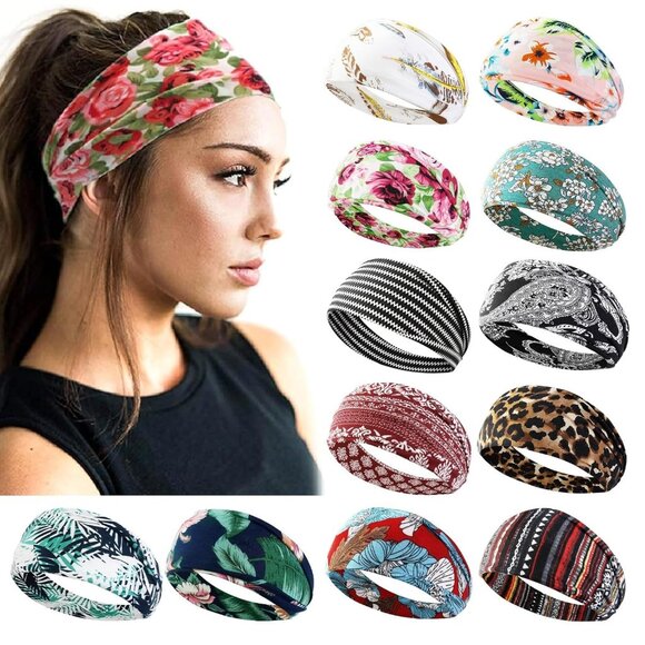 12 Pack Boho Headbands - Wide Non-Slip Elastic Headbands, Trendy Hair Accessorie - Picture 1 of 7